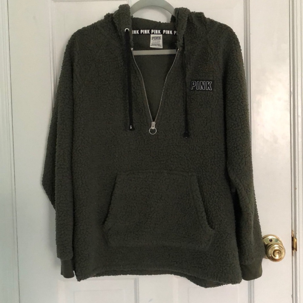 PINK quarter zip Sherpa fluffy green jacket. Small
